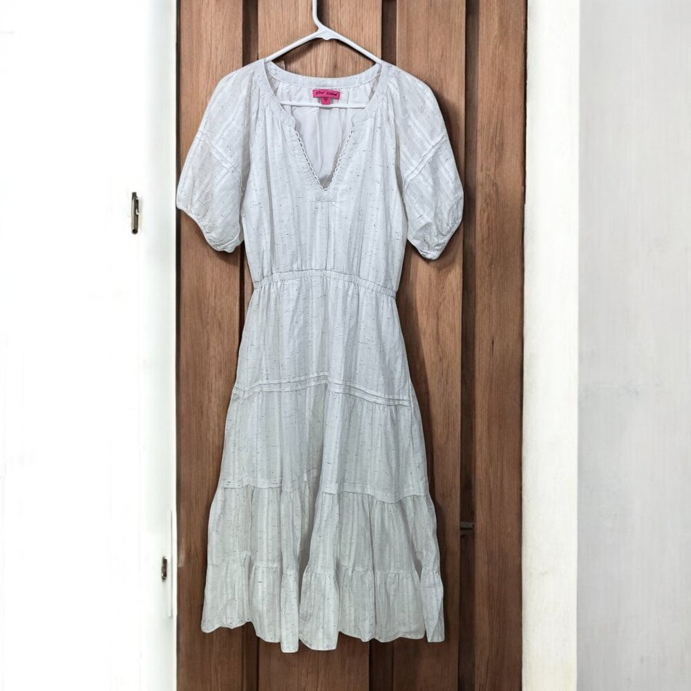 Betsey Johnson Size M Speckled White Cotton Tiered Ruffle Prairie Maxi Dress Cot